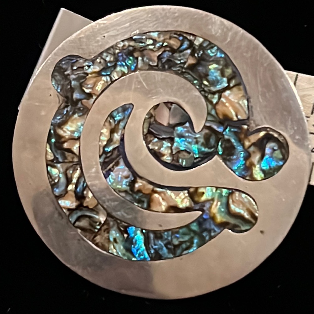 Vintage Mexico Taxco Sterling Silver Brooch Pendant inlaid abalone stamped